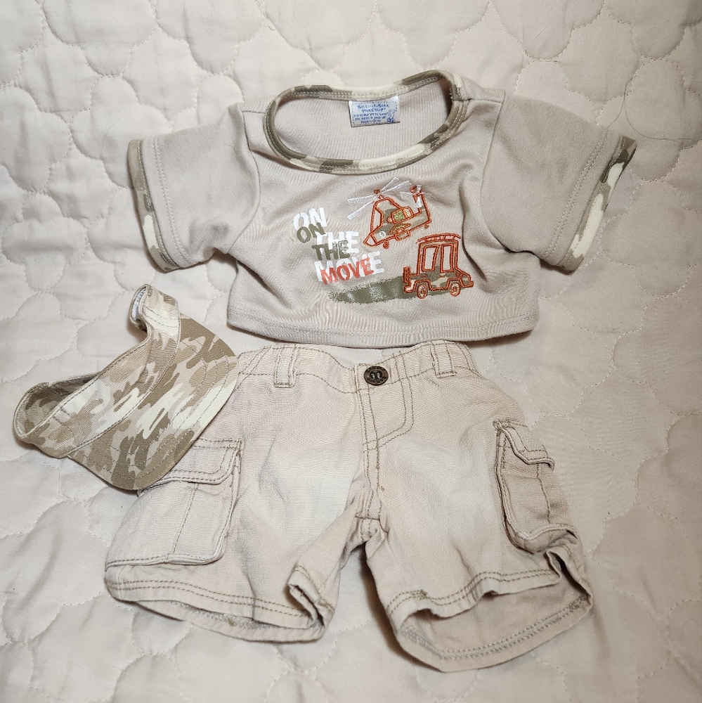 Build A Bear Workshop Tan Camo On The Move Shirt W/ Matching Visor & Tan Shorts